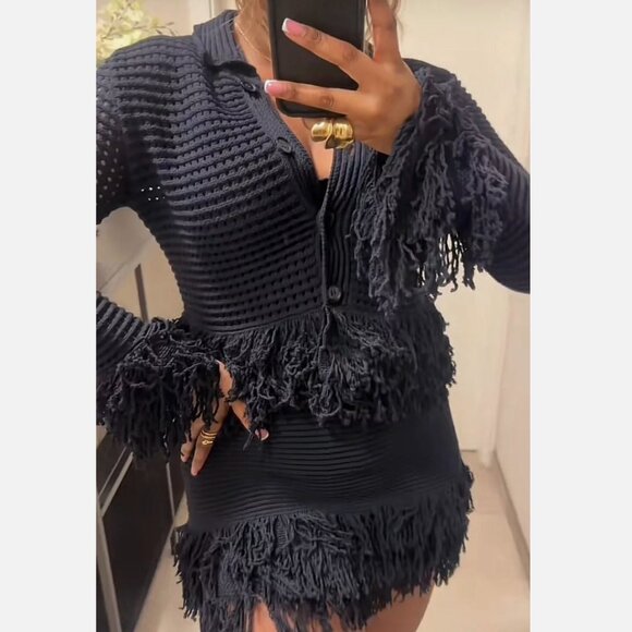 ZARA WOMAN NWT NAVY BLUE FRINGE CHECK KNIT JACKET Cardigan S M - Picture 1 of 11